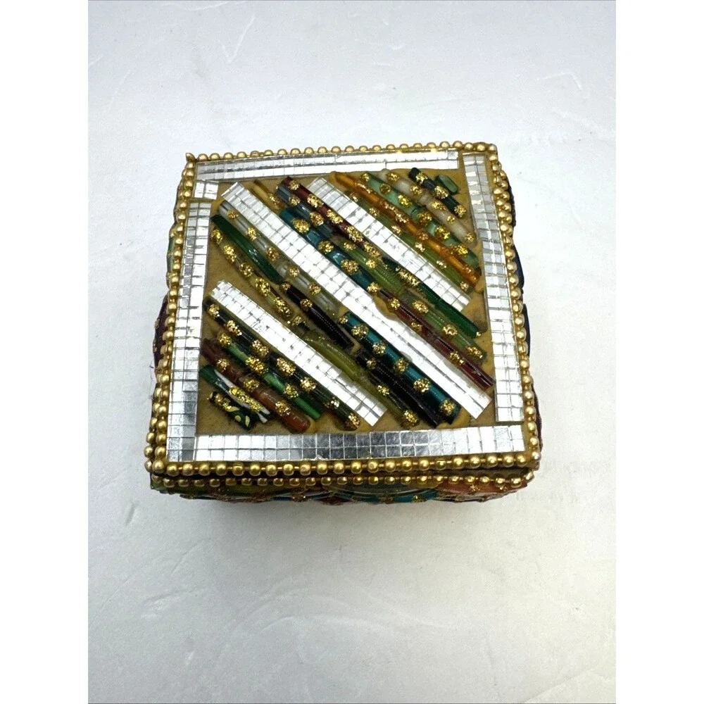 Pier 1 Imports Glass Beads Mirror’s Trinket Box Boho  Multicolored 3x2